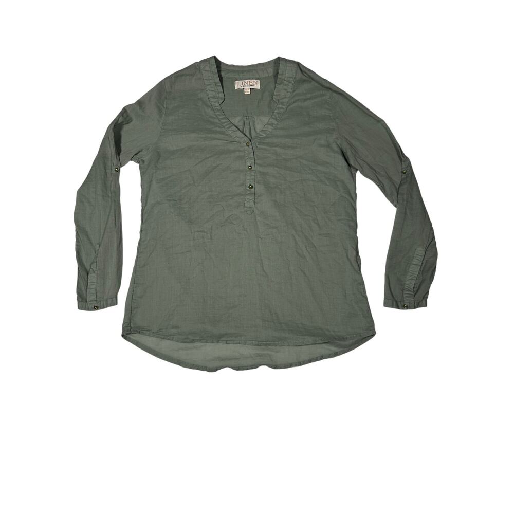 LINEN by Basik of America Women Small Green Cotton Tunic Henley Long Sleeve Top